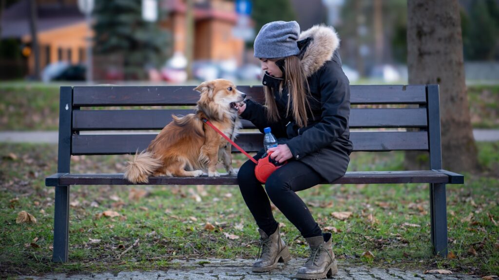a woman sitting on a bench with a dog